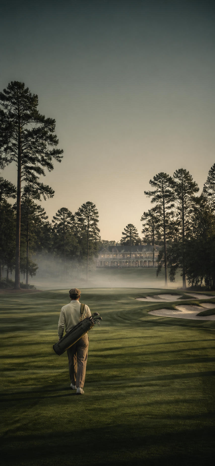 Golfer walking across a course at dawn