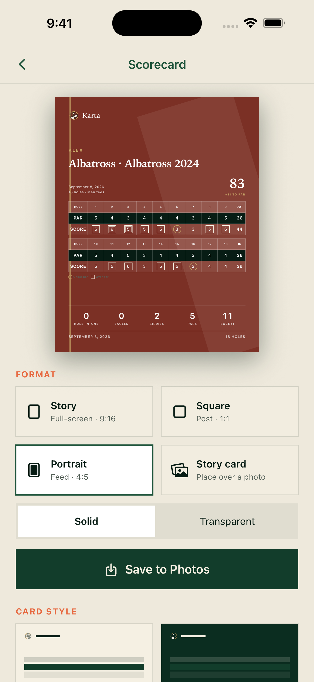 Karta’s card composer showing a completed Albatross round in Pencil style, with format choices and Save to Photos.